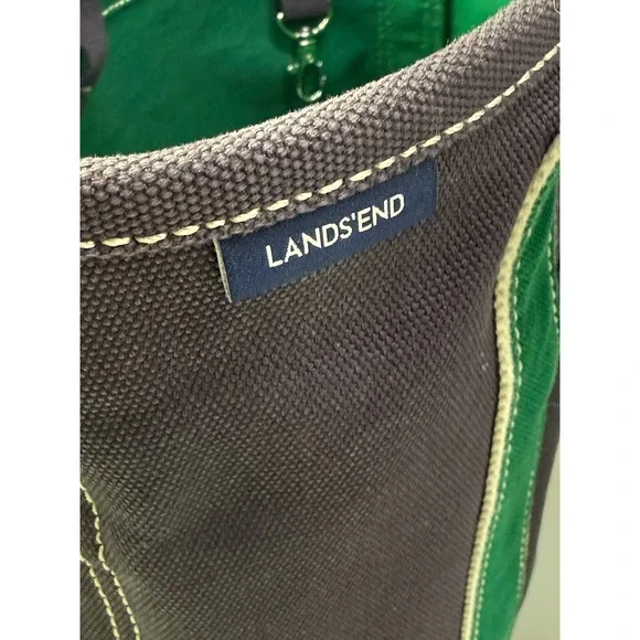 Lands End Canvas Tote Bag Navy Blue Green Cotton Open Top Pocket Key Clip 12in - Picture 5 of 10
